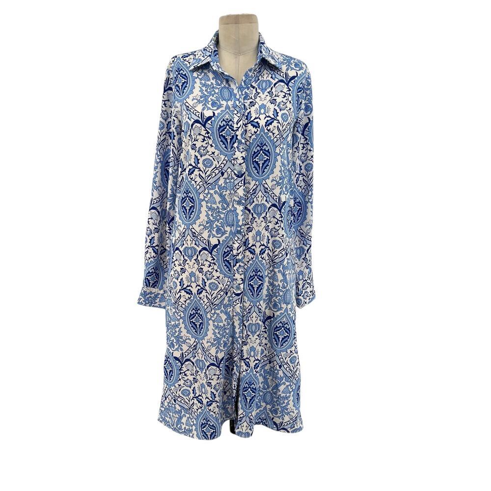 The‎ Shirt Rochelle Behrens Shirt Dress White Blue Paisley Floral Print Size XS